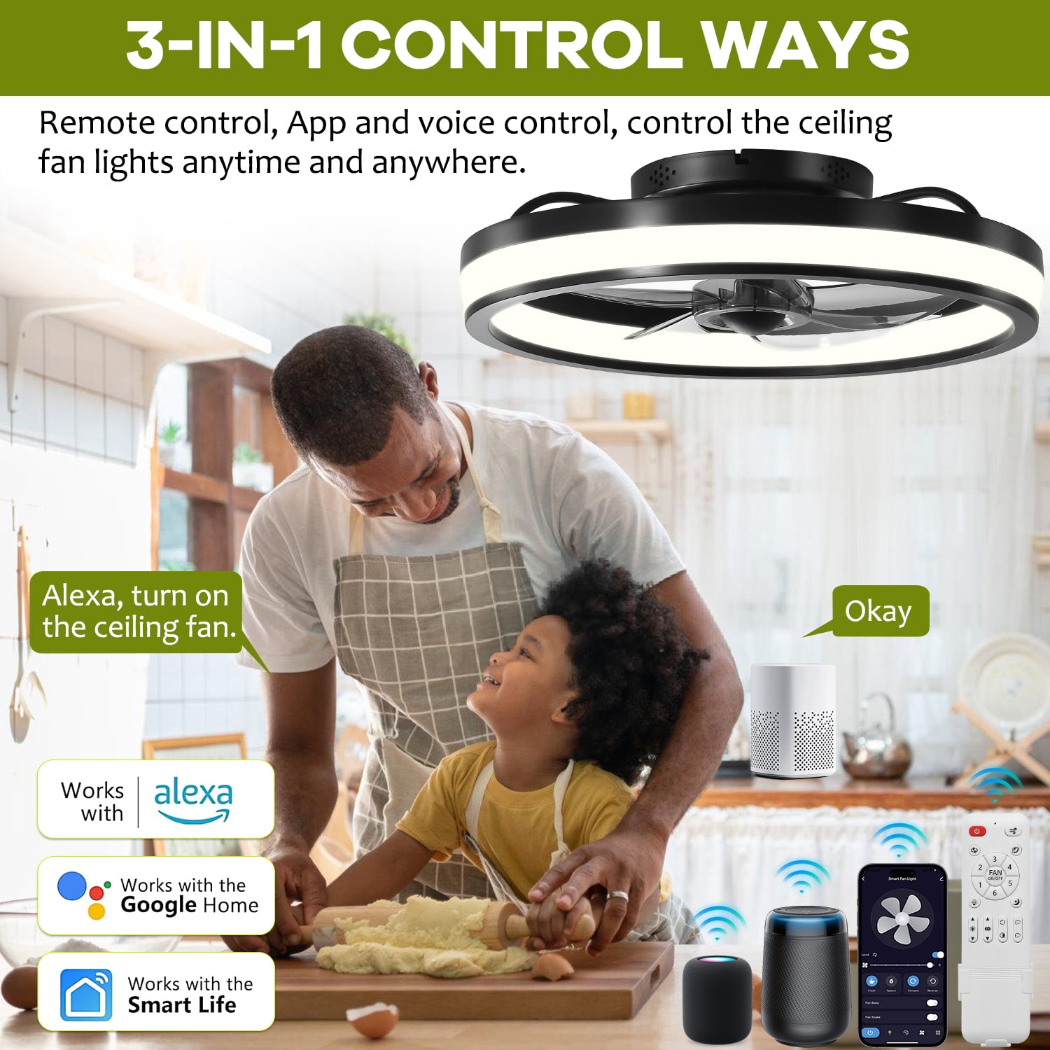 JOPESO Ceiling Fans with Lights and Remote, 20” Outdoor Ceiling Fan with Light with Remote