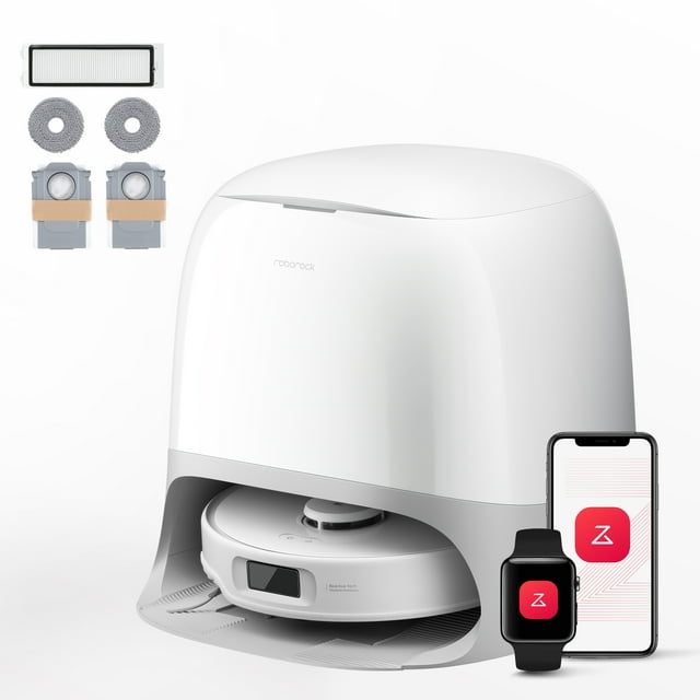 Roborock Qrevo Curv 5XC Robot Vacuum & Mop with 17,000 Pa HyperForce suction, shown with its multifunctional dock and accessories. The white dock features a sleek design and houses the robot vacuum, which includes advanced features like AI SmartPlan 2.0, PreciSense LiDAR navigation, and a FlexiArm Edge Cleaning System. Accessories include dual rotating mop pads, a HEPA filter, and dust bags. The dock supports hot water self-cleaning, warm air drying, and automatic dust emptying for up to 7 weeks of hands-free cleaning. A smartphone and smartwatch display the Roborock app interface for remote control.