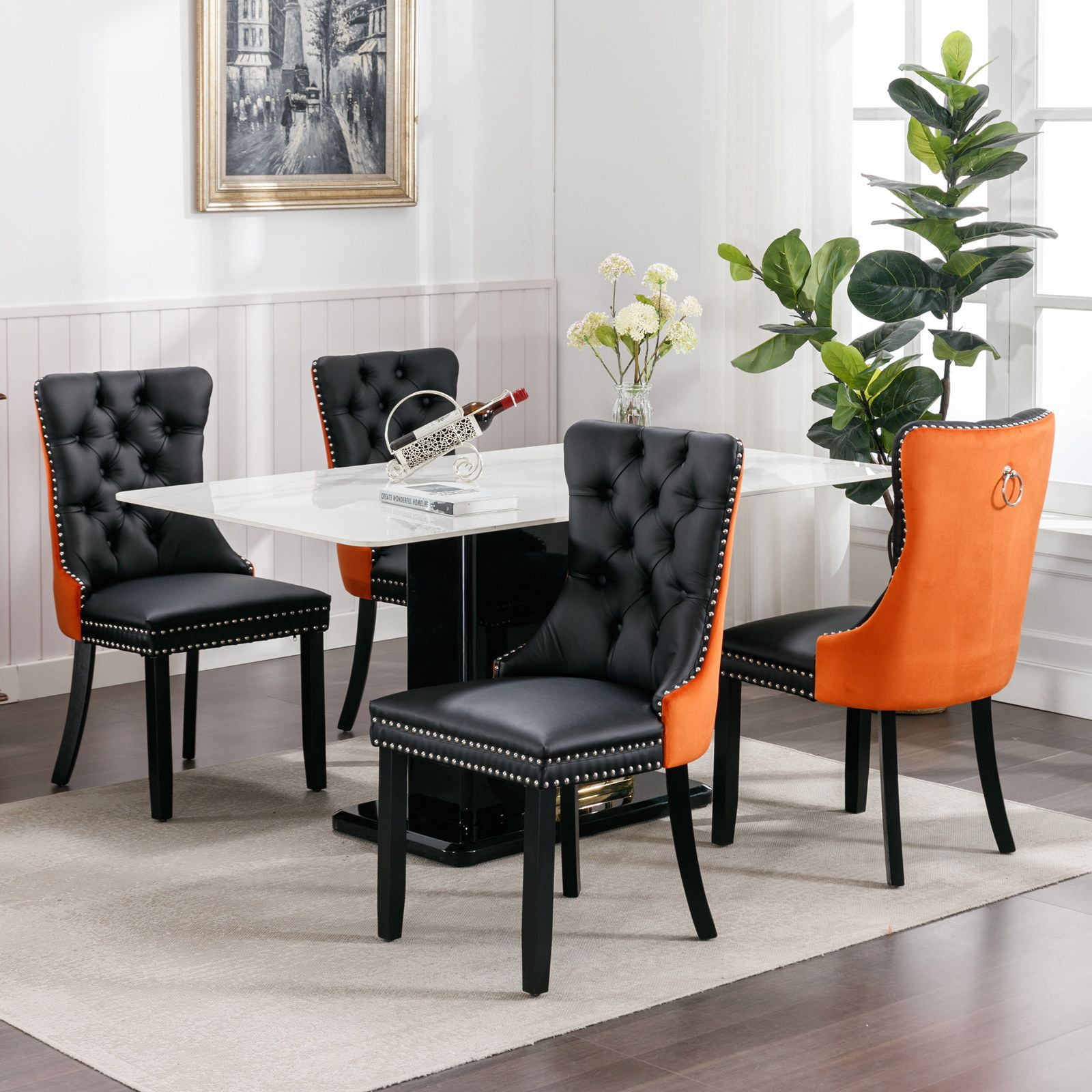 PU Dining Chairs, Accent Diner Chairs with Nailhead Trim and Back Ring Pull, PU and Velvet Fabric Dining Room Chairs, Side Chair Kitchen Chairs with High-end PU Back and Padded (Set of 4)