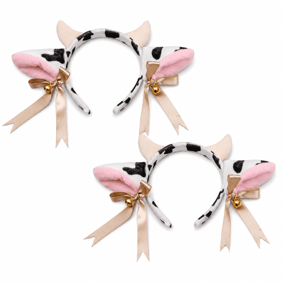 Cow Ears Headband Animal Ear Headband with Horns and Bow Ribbon for Party Cosplay