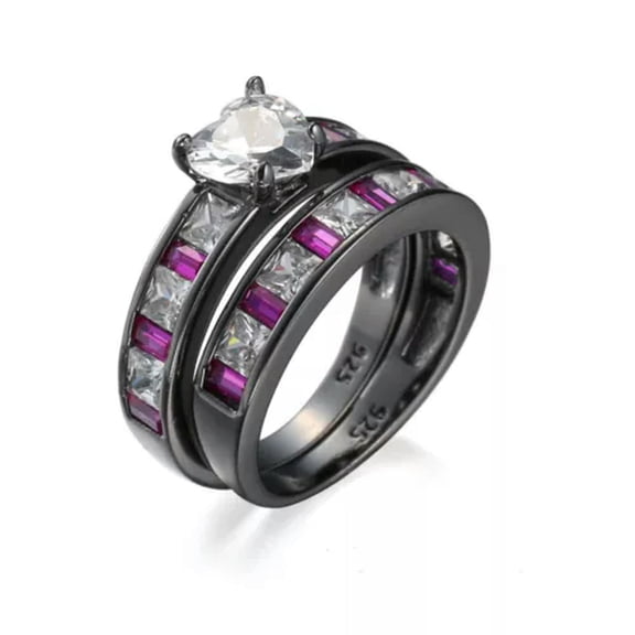 Love Heart Cut AAA Cz Wedding Rings Set for Women's Black Gold Filled Engagement
