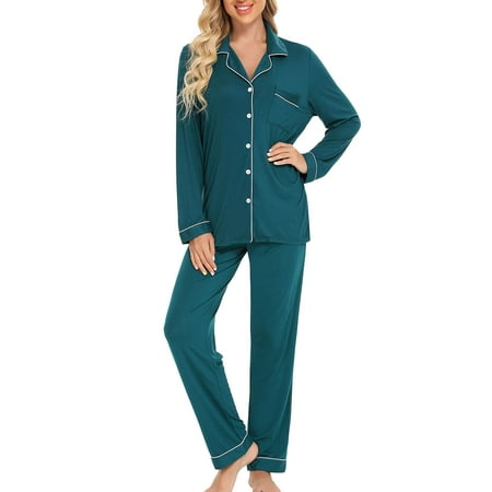 

QWANG Women s Pajama Sets Long Sleeve Button Sleepwear Lapel Nightwear Soft Sets