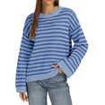 thumbnail image 2 of Women Crew Neck Horizontal Stripe Drop Shoulder Long Sleeve Loose Knit Sweater Fall Casual Pullover S, 2 of 5