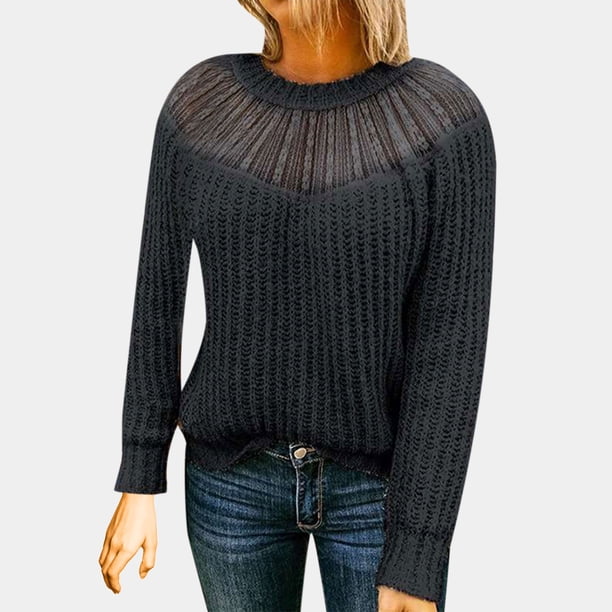 Pntutb, blusa de cuello redondo de retazos de encaje liso de manga larga holgada informal de moda de verano para mujer, suéter de punto Pntutb Pntutb-1437