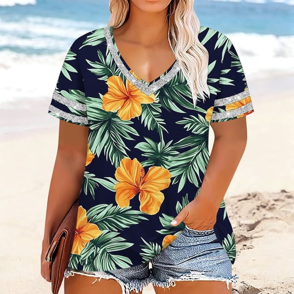 Oksale Hawaiian Tops for Women Plus Size Tropical Graphic Summer Tshirts Cozy Short Sleeve Beach Shirts Casual V Neck Vacation Clothing Orange S