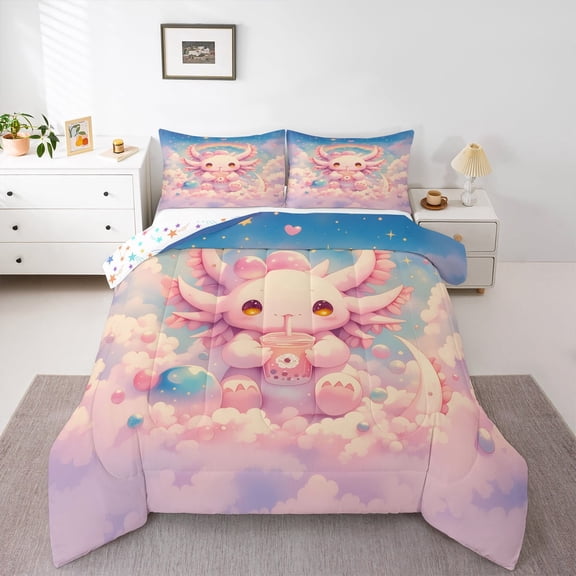 jejeloiu Kawaii Axolotl Bedding Comforter Set,Ocean Sealife Twin Comforter Sets,Pink Cartoon Salamander Bedding Set,Microfiber Room Decoration Reversible,2-Piece