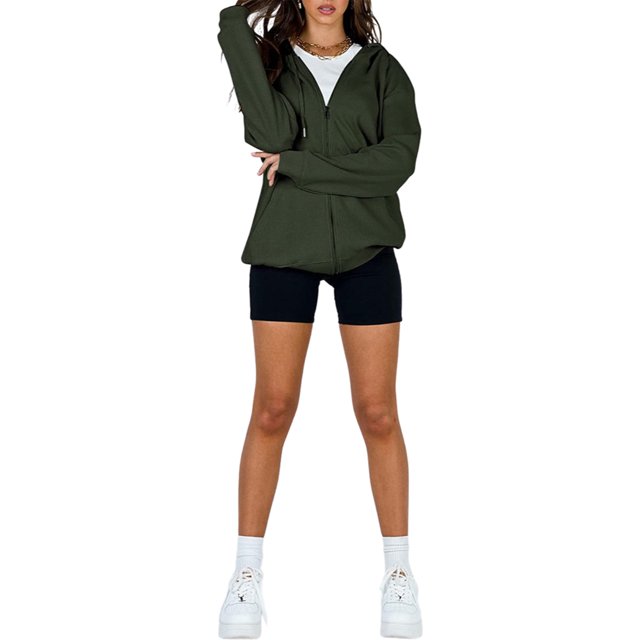 Women's Casual Hooded Jacket Long Sleeve Zip Up Solid Color Outwear with Pockets Fall Sweatshirt