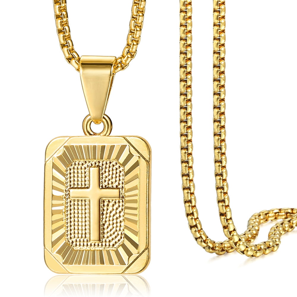 Unisex Men's Women's Stainless Steel Necklace Gold Tone Cross Pendant Hollow 8S 