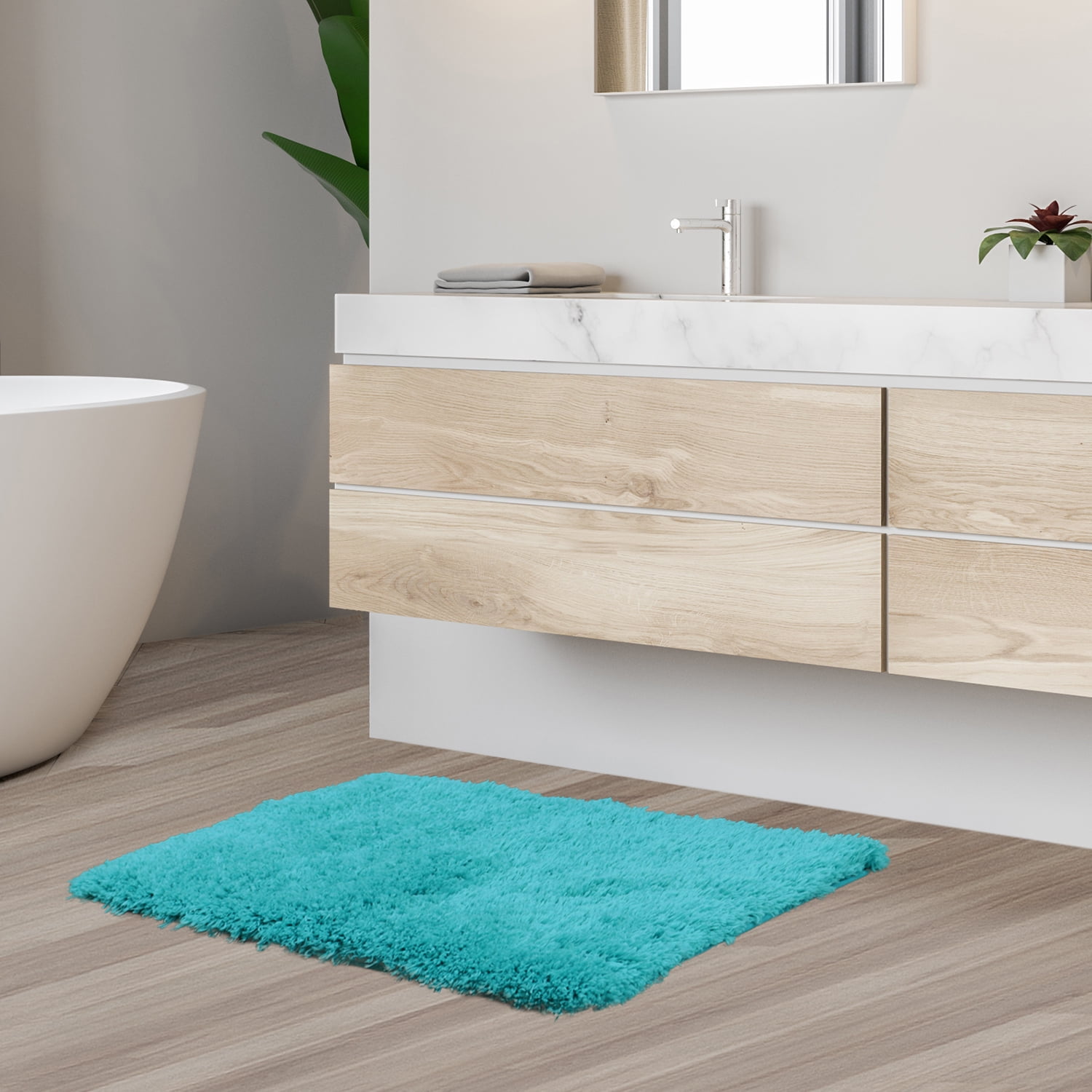 Clara Clark Shaggy Bath Rug with Non-Slip Backing Rubber - Machine Washable Super Soft Bathmat - Plush Absorbent Bathroom Rug, Small - 17 x 24, Teal