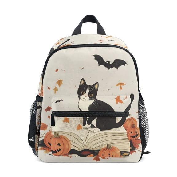 FORMRS School Backpack with Front Zippered Pocket 12" Elementary Student Travel Daypack, Gray Cartoon Halloween Cat