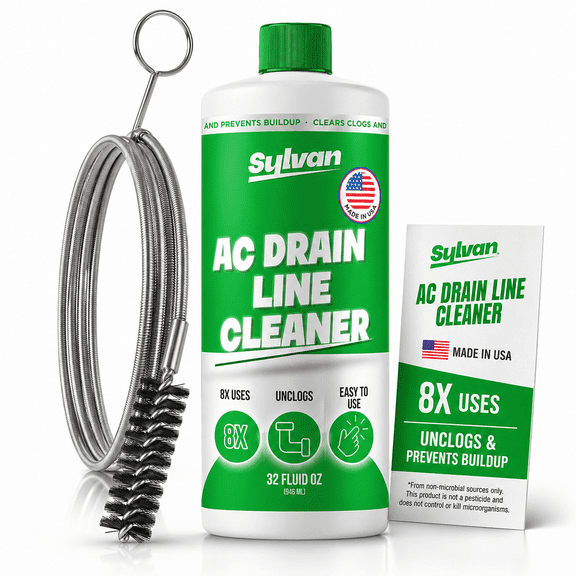 Sylvan AC Drain Line Cleaner | Free XXL Drain Brush | 32 Oz | 12 Month Supply | Made in USA | Universal Compatibility | Removes Clogs & Buildup from HVAC Condensate Lines | Air Conditioner Unclogger