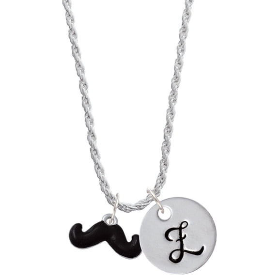 Delight Jewelry Silvertone Small Black Enamel Mustache Silvertone Script Initial Disc - Z - Charm Necklace, 20"+3"