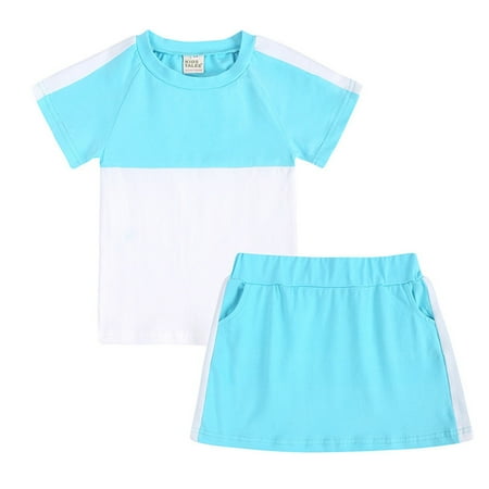 

GWAABD Summer Outfits for Girls Sky Blue Cotton Toddler Kids Baby Unisex Summer Tshirt Skirts Soft Patchwork Cotton 2PC Sleepwear Outfits Clothes 120