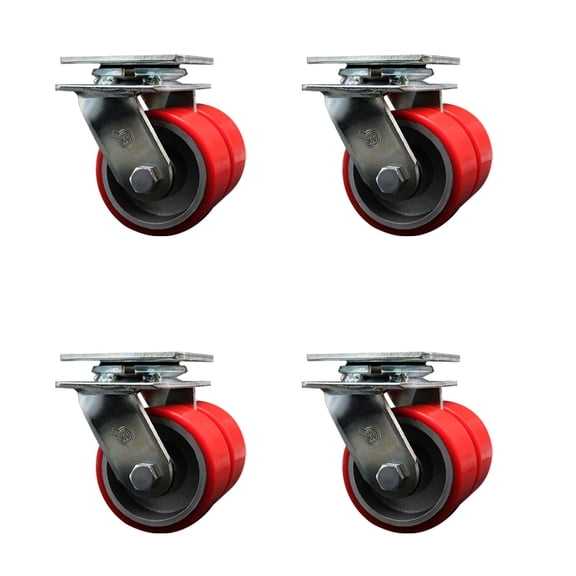 4 Inch Dual Red Poly on Cast Iron Wheels Swivel Caster Set with Ball Bearing SCC