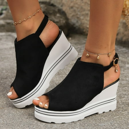 

Yzengfg Ladies Casual Solid Colour Slope Heel Thick Bottom Fish Mouth Buckle Large Size Sandals Women Islander Walking Sandals