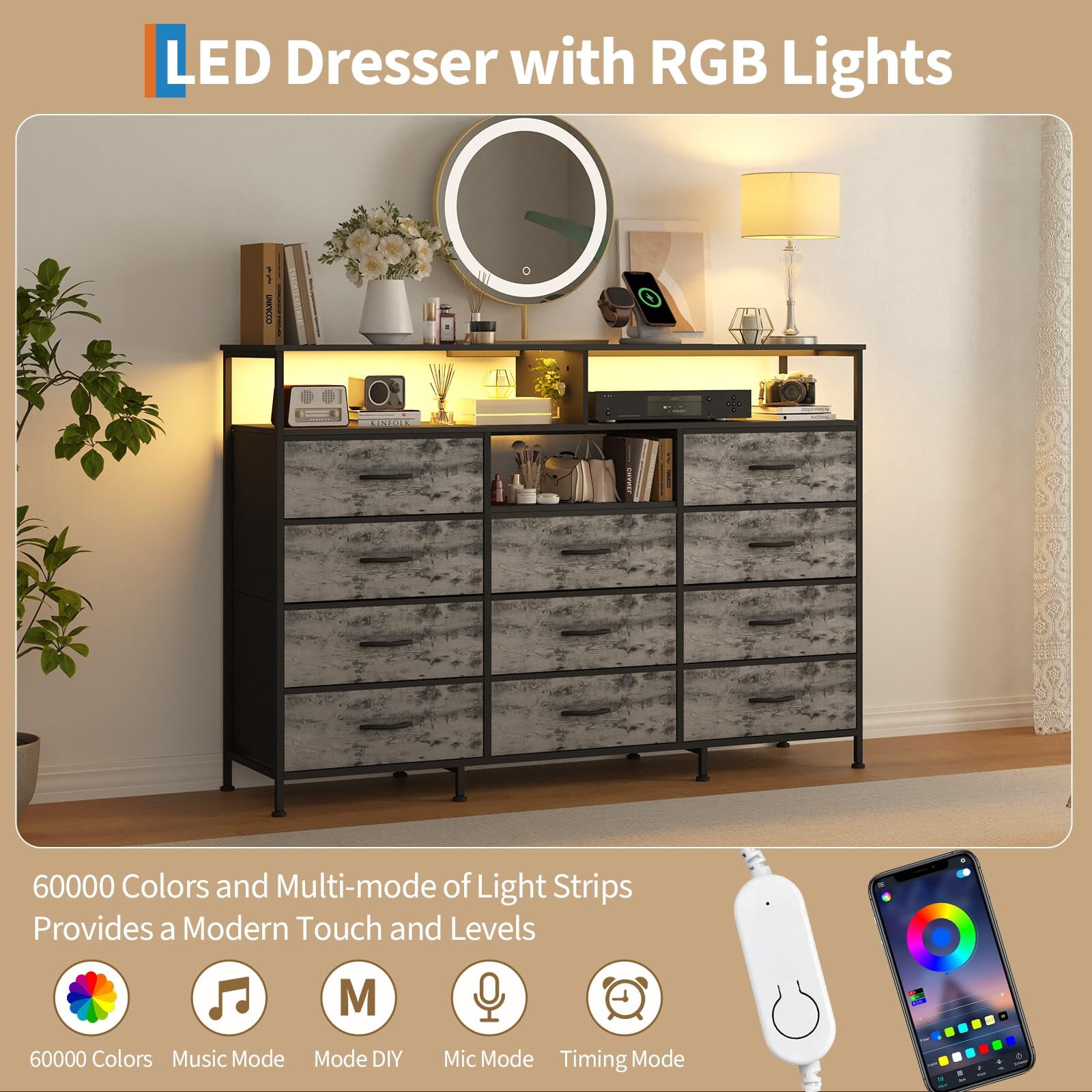 Kicctian 11 Drawers Dresser for Bedroom with LED Lights & Charging Station,Dresesr Chests of Drawers with Open Shelves,Gray