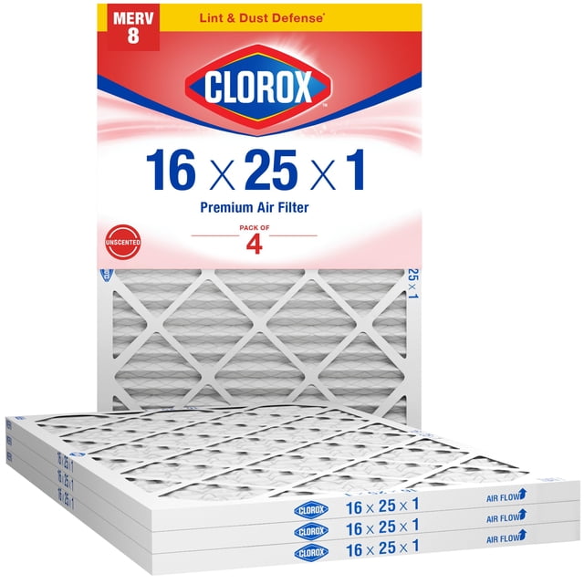 Clorox 16x25x1 Air Filter, MERV 8 Pleated HVAC AC Furnace Air Filters, MPR 600 & FPR 5 – Pack of 4