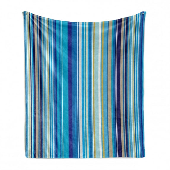 Blue Soft Flannel Fleece Throw Blanket, Vertical Stripes Repeating Retro Revival Pattern Funky Abstract Composition, Cozy Plush for Indoor and Outdoor Use, 50" x 60", Mustard Blue White, by Ambesonne