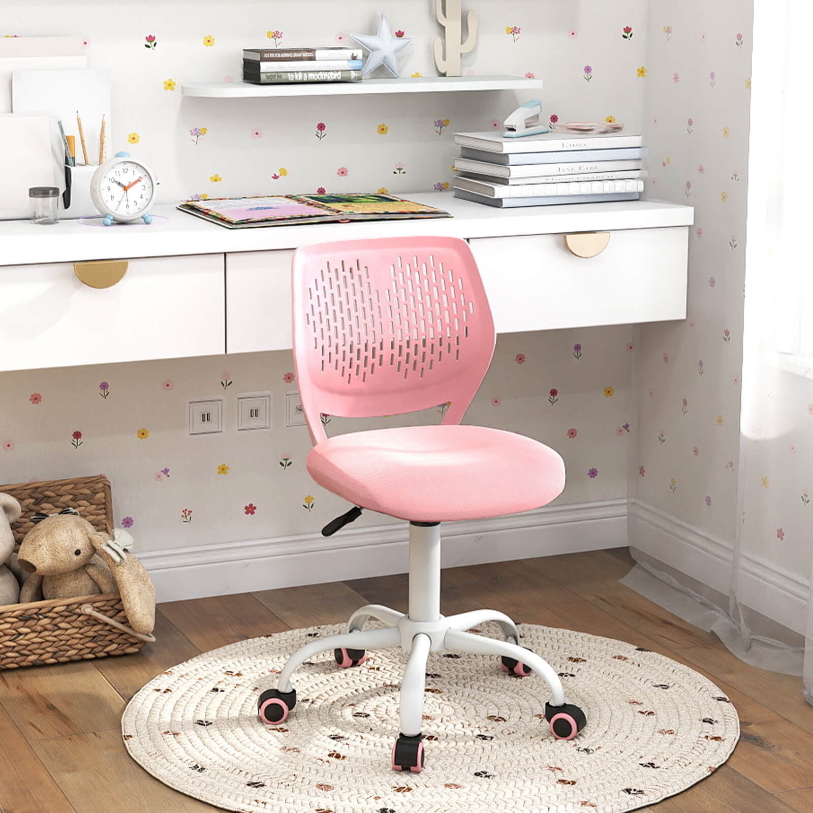 Costway Kids Desk Chair Ergonomic Swivel Children Mesh Study Height Adjustable Pink Pink