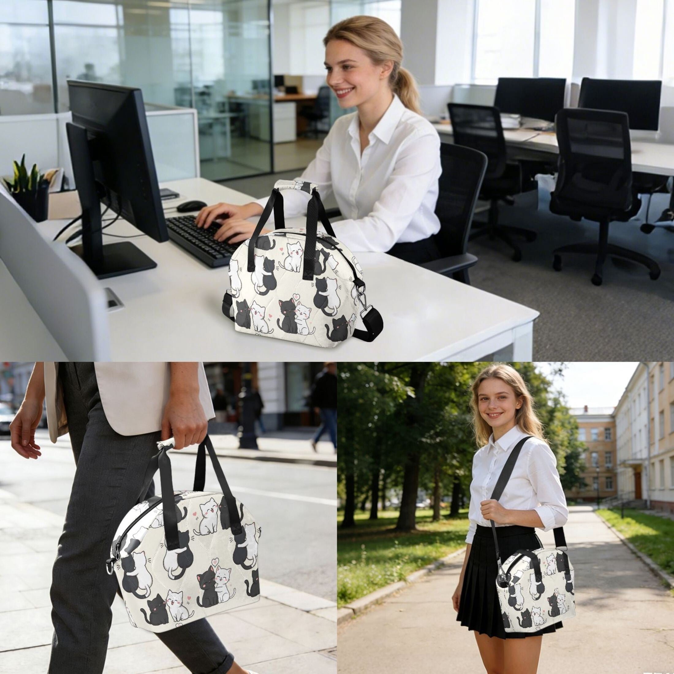 Black and White Kitten Women Lunch Bag Quilted Insulated Water Resistant Tote for Work and Picnic