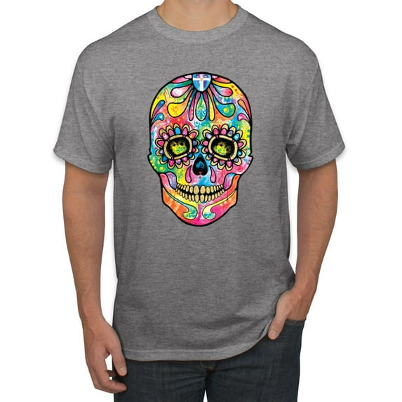 Wild Bobby Dean Russo Colorful Sugar Skull Streetwear Men Graphic Tee, Heather Grey, XX-Large