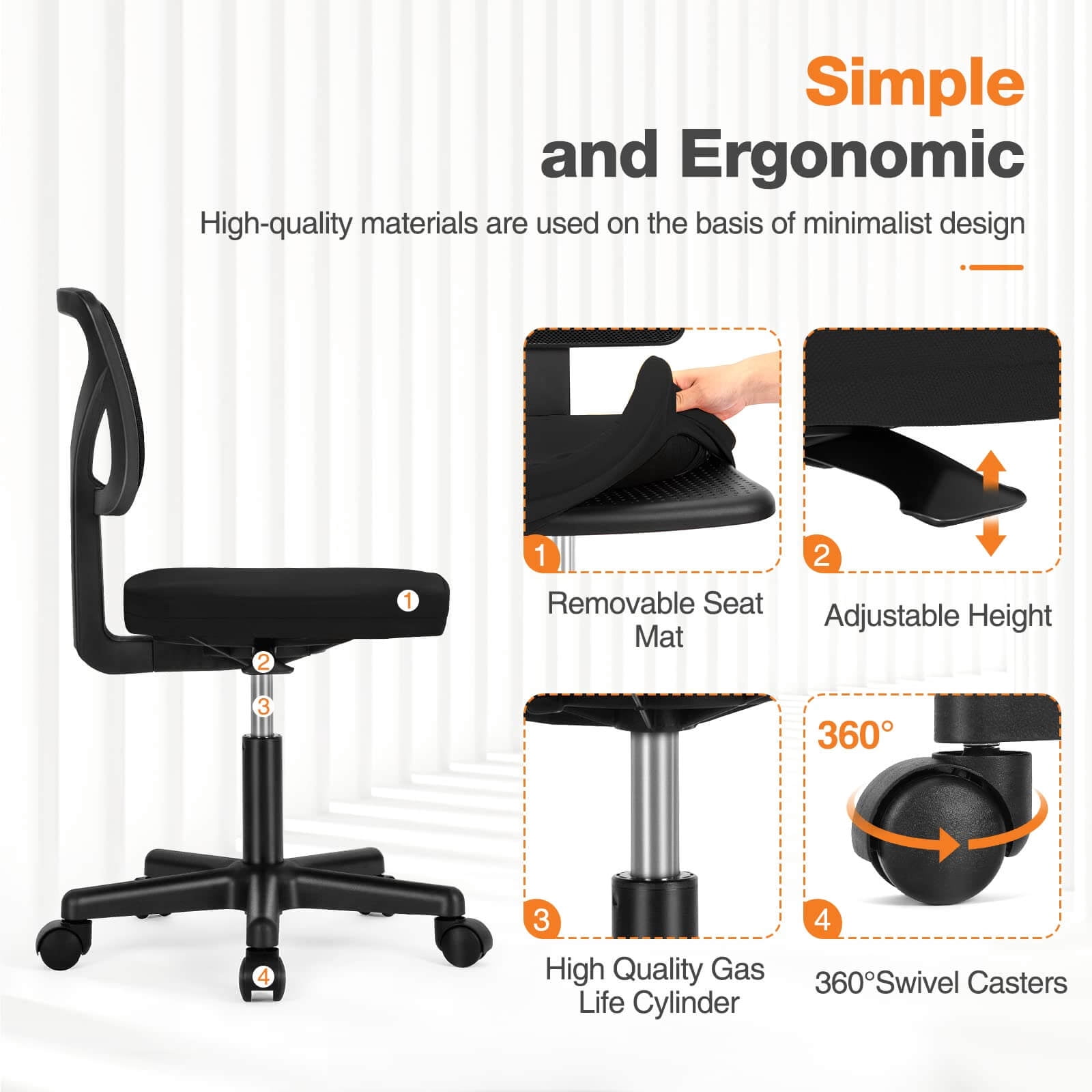 LIFERECORD Ergonomic Armless Office Chair, Swivel Rolling Mesh Desk Chair with Lumbar Support, Adjustable Height Low-Back Computer Chair for Small Spaces, Home, Bedroom, Office