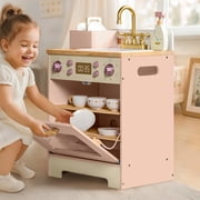 Robud Wooden Dishwasher Playset for Kids - Pretend Kitchen Sink with Faucet, Turning Knobs, Dish Rack & Tableware for Toddler Role Play Toy Ages 3+, Pink