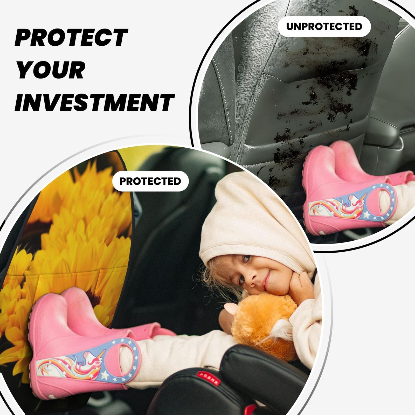 Xecao Flower Bush Sunflower Pattern Car Seat Back Protector 2 Pack Large Capacity Pocket, Kick Mats Back Seat Protector