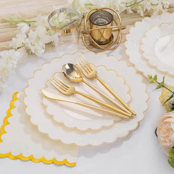 LIYH 210 Pcs Ivory Plastic Plates Scalloped Plastic Plates Disposable Dinnerware Set Cream Gold Scalloped Plate Include Plate Gold Silverware Napkins Cup for Birthday Valentine's Day 30 Guests