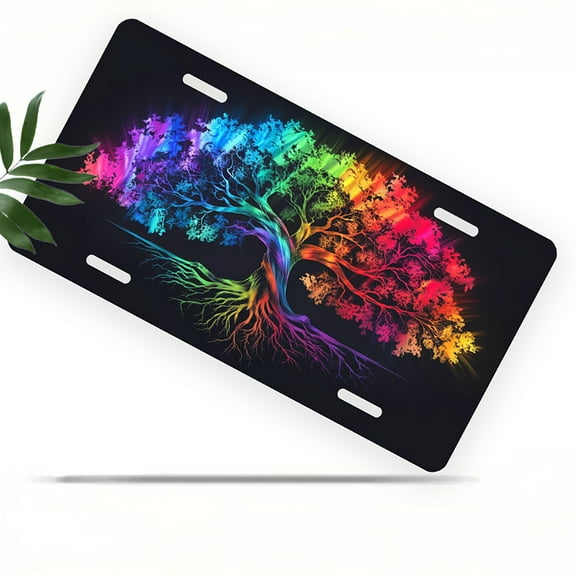 License Plate, Rainbow Tree Decorative Front,Personalized Stainless Steel License Plate Cover For Men Women,12.2" X 6.2"