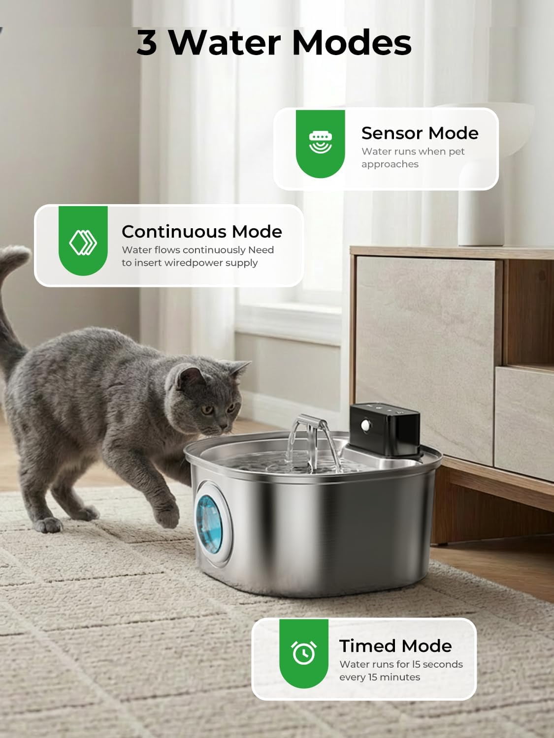 Stainless Steel Wireless Cat Water Fountain: 3.2L/108oz 3-Modes Pet Drinking Fountain Indoor Cordless Motion Sensor with Pet Water Dispenser Bowl with Water Level Window, BPA-Free, 4Filter