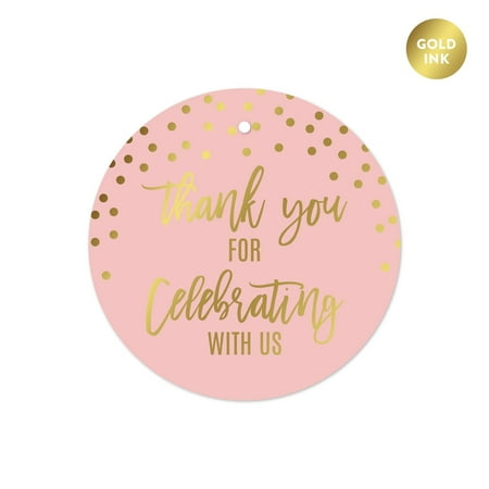 Metallic Tags - Blush Pink and Metallic Gold Confetti Polka Dots, Round Circle Gift Tags, Thank You for Celebrating With Us, 24-Pack