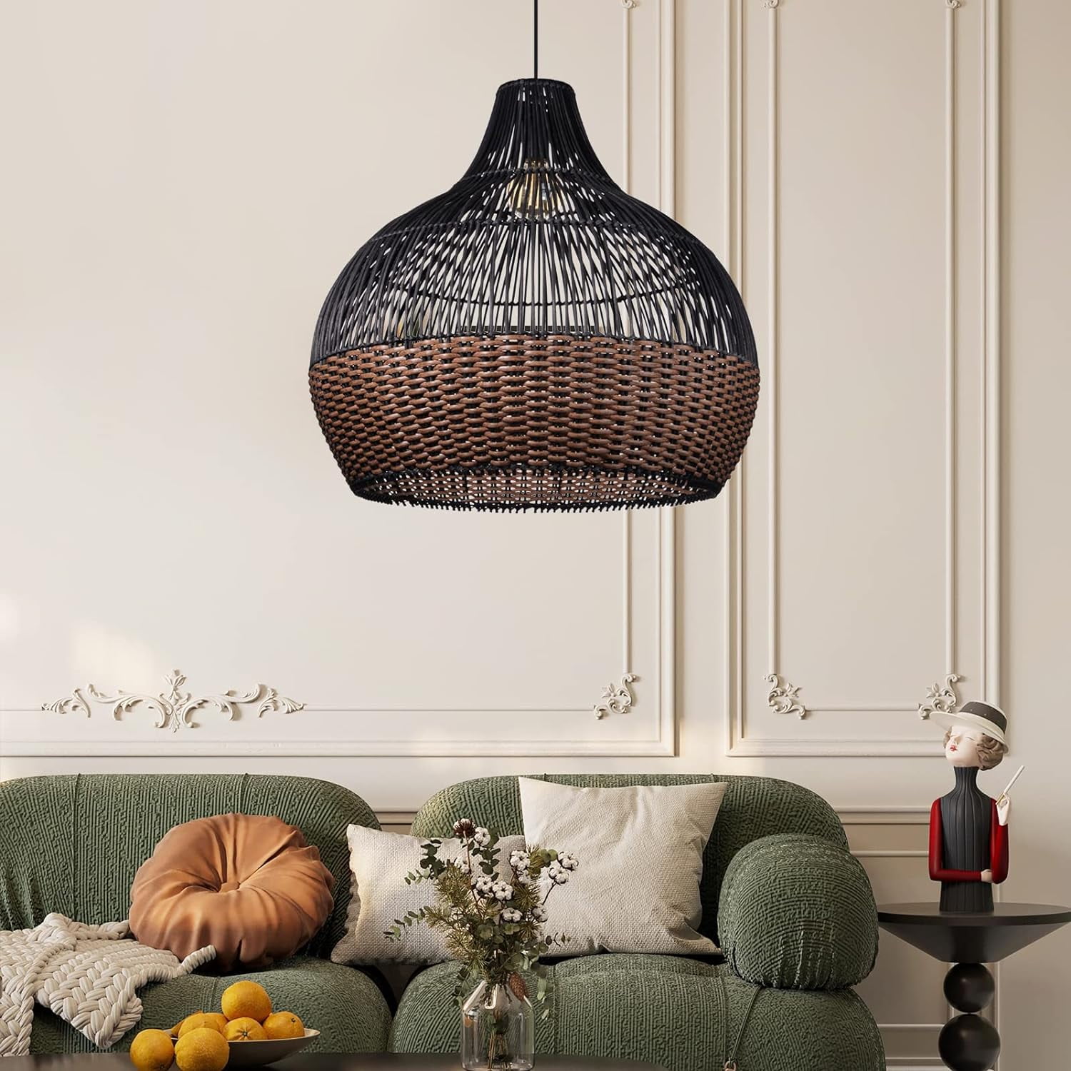 Arturesthome Rattan Pendant Light Fixtures, Wicker Boho Black Basket Lighting Chandelier