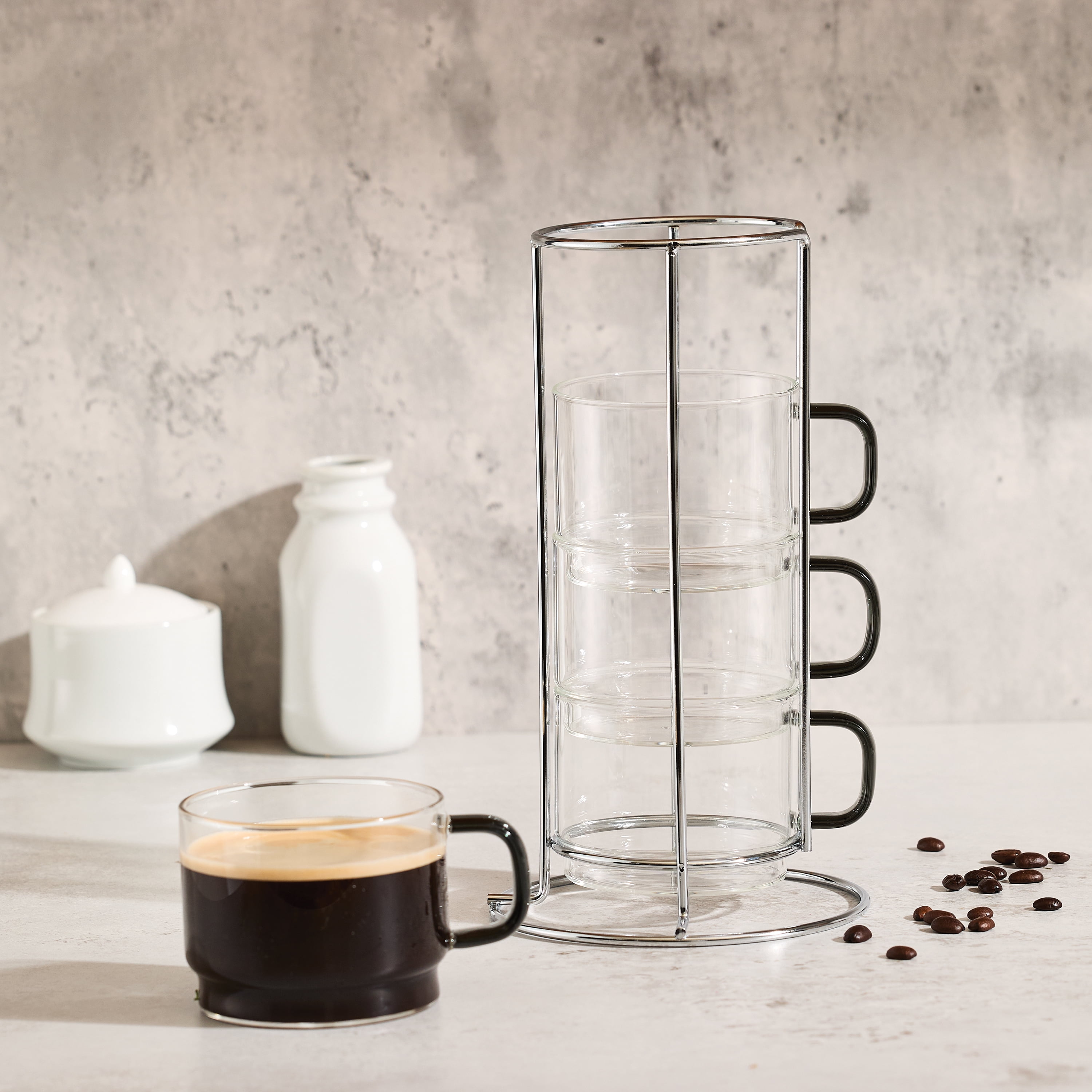 HomeTrends 4 pc stackable Glass mugs with silver metal stand