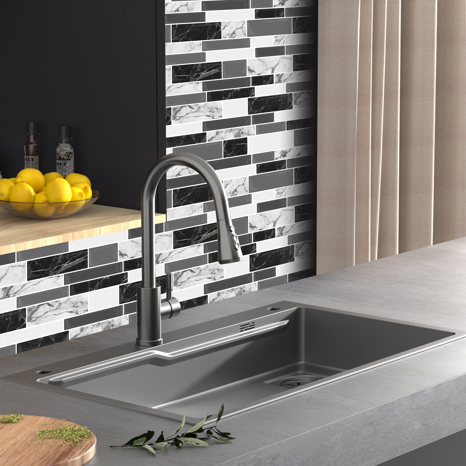 DEWOO 10 Sheets Peel and Stick Tile Backsplash, Stick on Wall Tiles, Self Adhesive Tile Sticker for Kitchen Backsplash and Bathroom(12"x12",Black Marble)