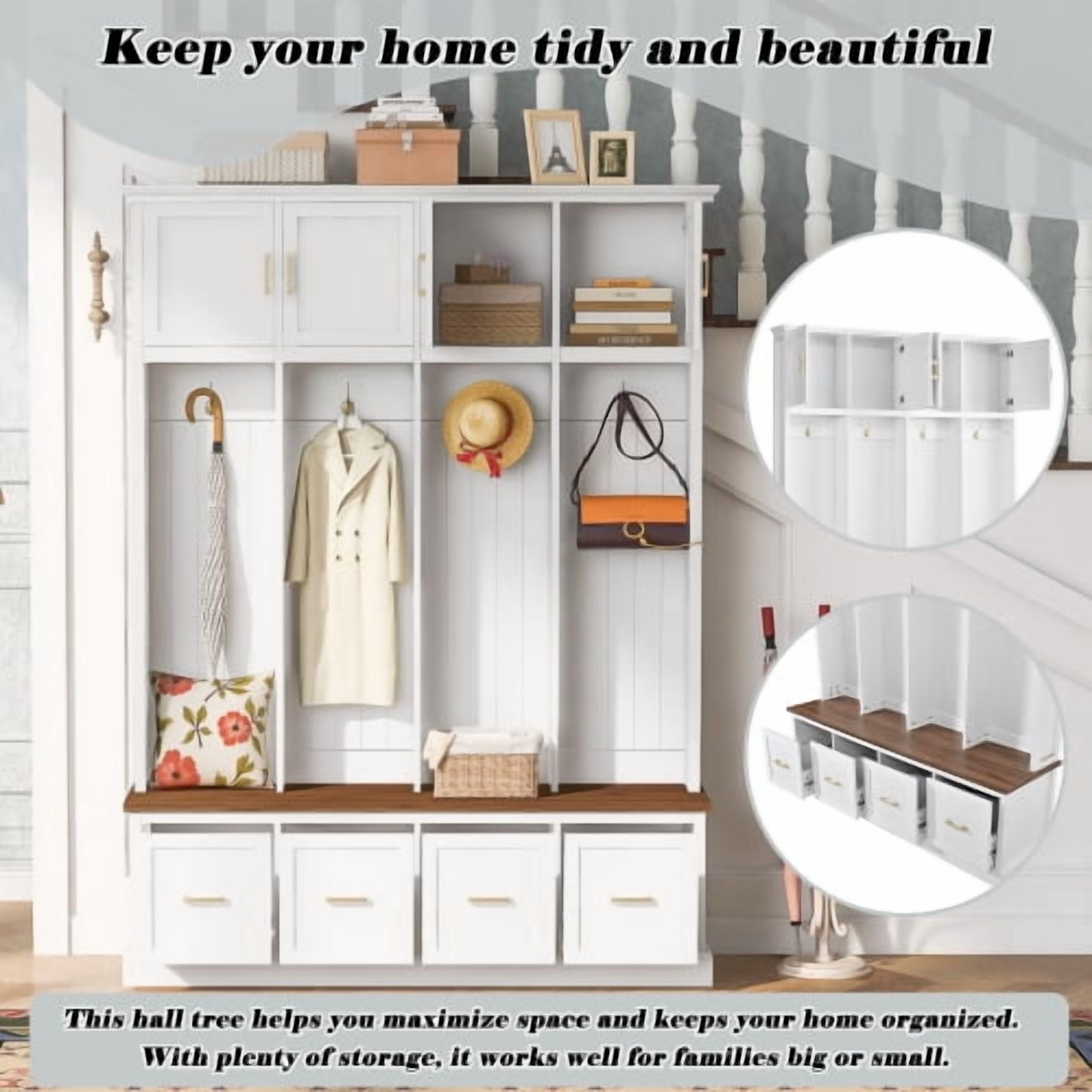 U-Can Farmhouse Entryway Hall Tree with Coat Hooks, Cabinets and Drawers, with Wood Accents and Gold Hardware, White