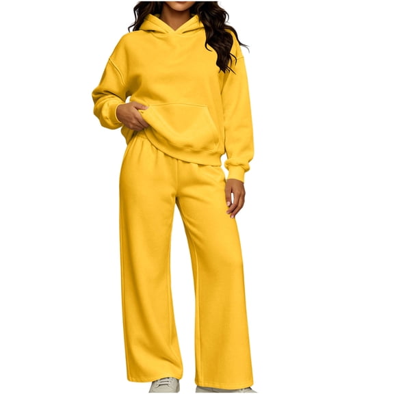 vdgthytj Sweatsuits Women 2 Piece Outfit Drop Shoulder Hooded Pullover Tops Wide Leg Pants Fall Winter Athleisure Tracksuits(X-Large,Yellow)
