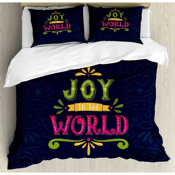 Joy Duvet Cover Set Queen Size, Ornamental Christmas Themed Swirls and Curlicues Background Hand Lettering Pattern, Decorative 3 Piece Bedding Set with 2 Pillow Shams, Multicolor, by Ambesonne