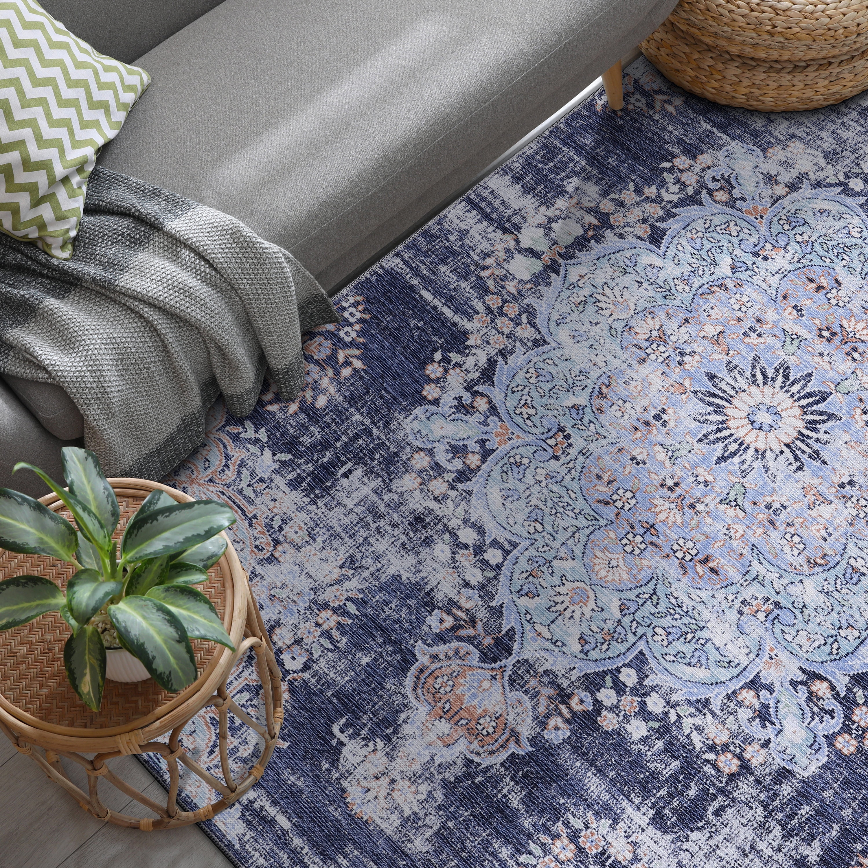 CAMILSON Machine Washable Rug, Distressed Vintage Area Rugs, Stain and Water Resistant, Traditional Bohemian Indoor Carpet (5x7, Navy Blue)