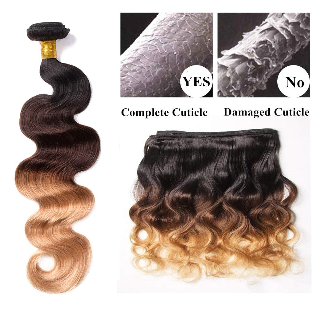 Ustar Unique Bargains Ombre Three Town#1B/4/27 Color Black Brown Blonde Brazilian 3 Bundles 100% Human Hair 10"12"14"inch with Lace Closure 10"