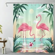 Pink Flamingo Shower Curtain for Bathroom Abstract Mountain and Tropical Plant Palm Tree Bathroom Shower Curtains with Hooks, Summer Coastal Bathroom Curtains Shower Set 60x72 inch