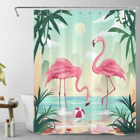 Pink Flamingo Shower Curtain for Bathroom Abstract Mountain and Tropical Plant Palm Tree Bathroom Shower Curtains with Hooks, Summer Coastal Bathroom Curtains Shower Set 60x72 inch