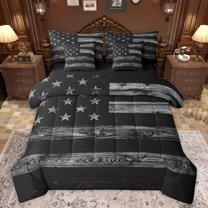 jejeloiu Retro American Flag 7-Piece Twin Bedding Sets,Old Wooden Board Bedding Comforter Set,Gray Black Sheet Sets For Men Women,Breathable Home Decor Reversible
