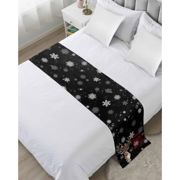 Bed Runner Scarf Queen Size, Black Christmas Stain Bed Runners & Scarves for Foot of Beds, Winter Elk Cardinal Berry Snowflakes Decorative Bedding Runner Scarf for Hotel Home Bedroom