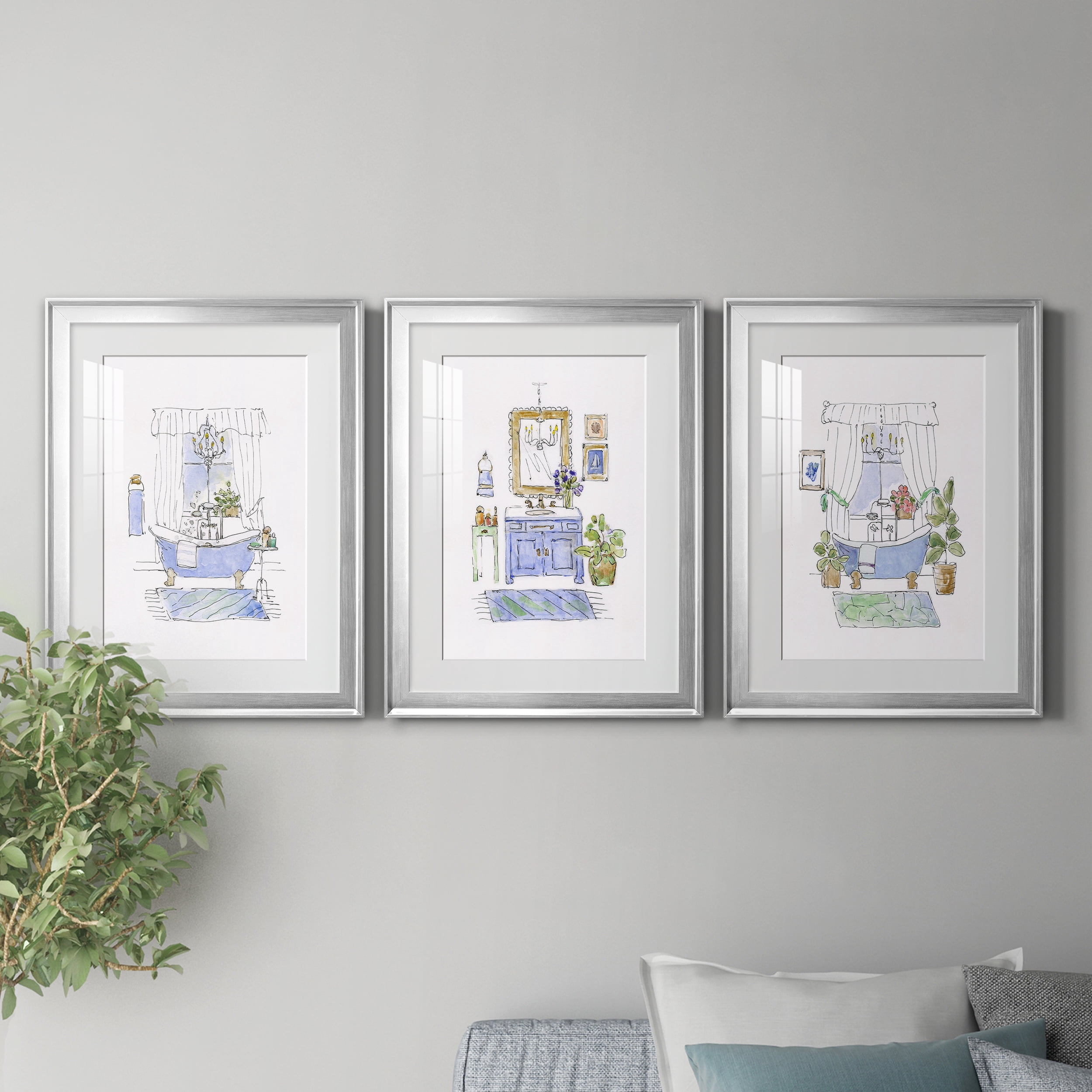 Sketchy Bath I Premium Framed Prints Set of 3 - Ready to Hang - 18 x 24 Each - Silver Frame