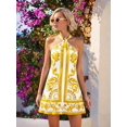 thumbnail image 4 of Yellow Womens Halter Neck Allover Baroque Print A-Line Mini Sundress For Summer Beach Vacation & Casual Outing, 4 of 7