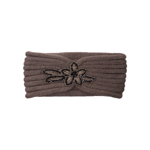 Womens Knitted Headband w/ Floral Piece - Taupe