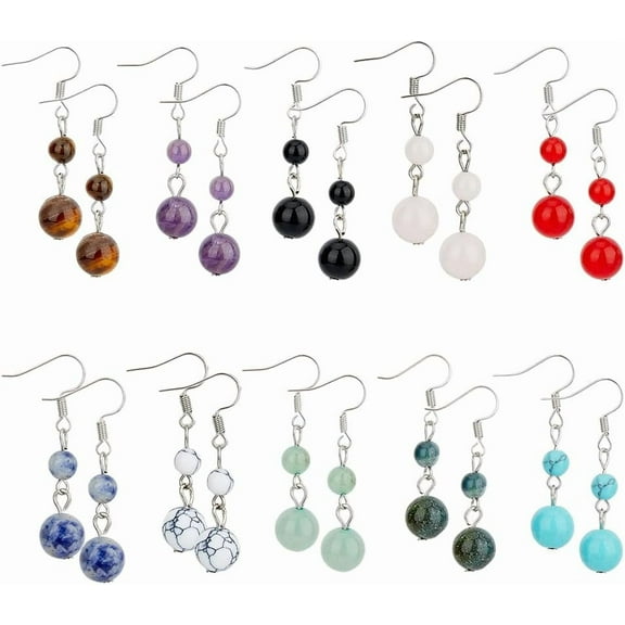 10 Colors Colorful Natural Stone Beaded Earrings Round Gemstone Dangle Earrings Lightweight Reiki Dangling Earring Inspirational Jewelry Gifts for Women Grey
