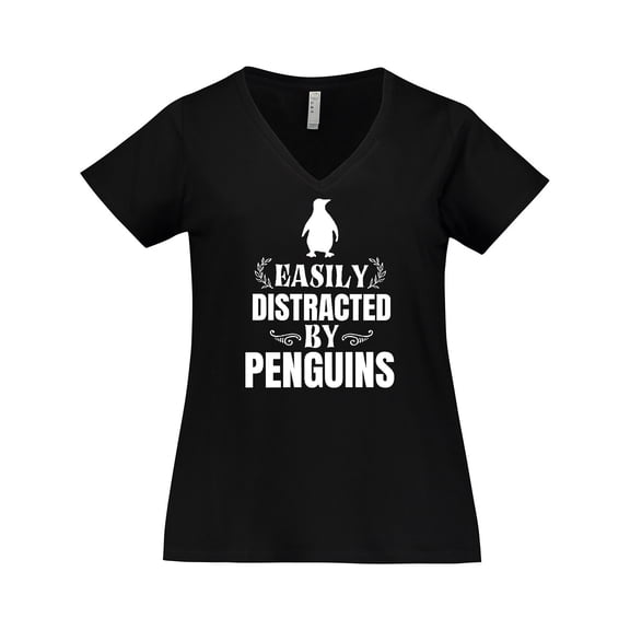 Inktastic Easily Distracted by Penguins Women's Plus Size V-Neck T-Shirt