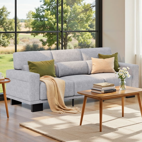 Asofer 68" Sofa Couch Living Room Small Space with 3 Soft Pillows Large Storage Pocket Linen Upholstered Sturdy Wood Legs Easy Assembly, Gray